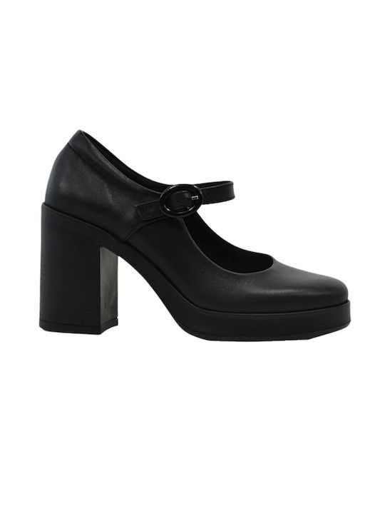 Leder Pumps mit Riemen & Chunky Hoher Absatz Schwarz