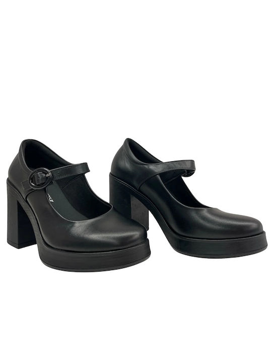 Leder Pumps mit Riemen & Chunky Hoher Absatz Schwarz
