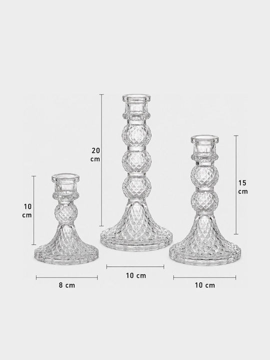 SteweHome Σετ Κηροπήγια Γυάλινα σε Διάφανο Χρώμα 10x10x20εκ. 3τμχ