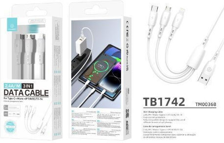 Techancy USB to Type-C / Lightning / micro USB Cable 2.4A White 1m
