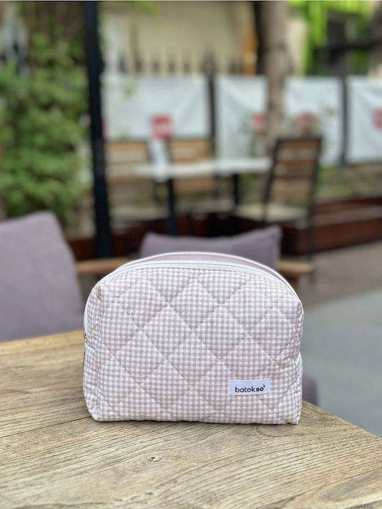 Enpapa Large Beige Makeup Bag With Checkered Pattern 19x18x7.5 Cm