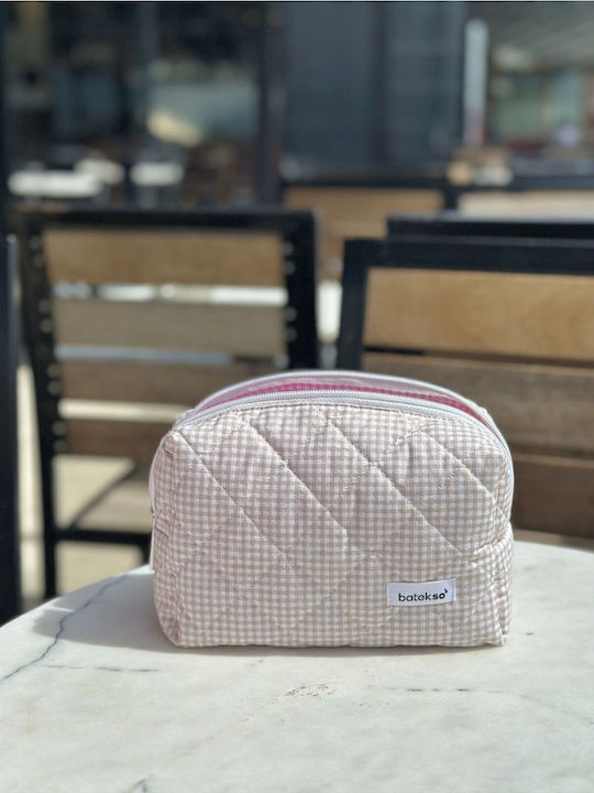 Enpapa Large Beige Makeup Bag With Checkered Pattern 19x18x7.5 Cm