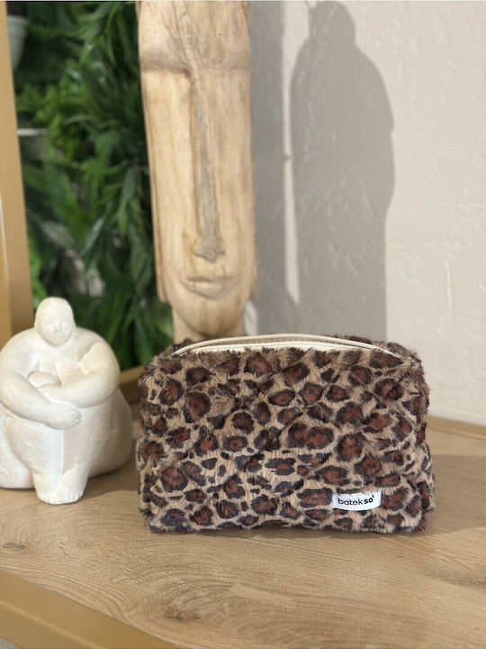 Enpapa Large Makeup Bag Leopard Pattern Faux Brown Material 19x18x7.5 Cm