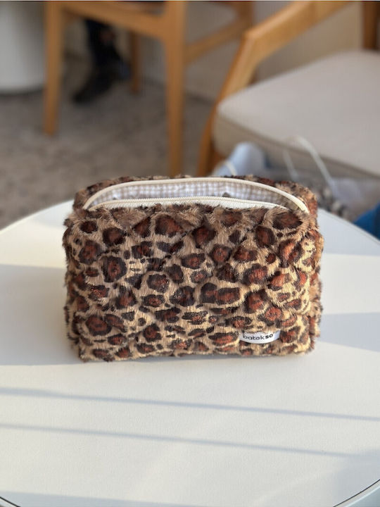 Enpapa Large Makeup Bag Leopard Pattern Faux Brown Material 19x18x7.5 Cm