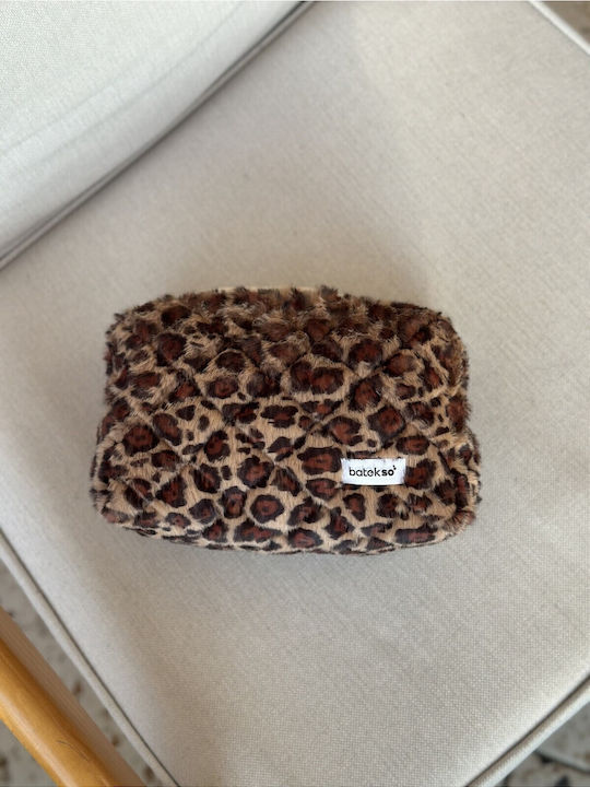 Enpapa Large Makeup Bag Leopard Pattern Faux Brown Material 19x18x7.5 Cm