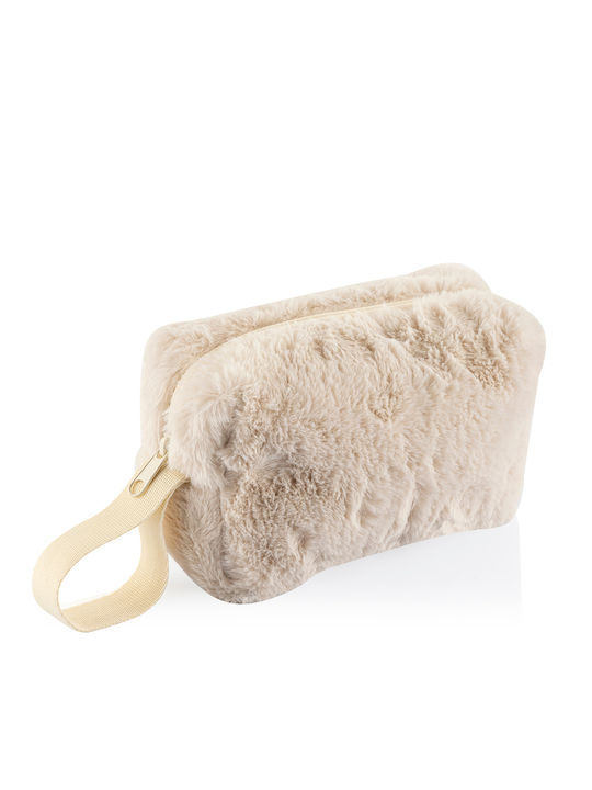 Enpapa Makeup Bag For Daily Use Plush Fabric Cream Ecru 16x10x6.5 Cm