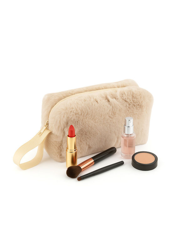 Enpapa Makeup Bag For Daily Use Plush Fabric Cream Ecru 16x10x6.5 Cm