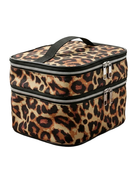 Enpapa Double Layer Large Travel Makeup Bag Functional Cosmetic Organizer Leopard Print