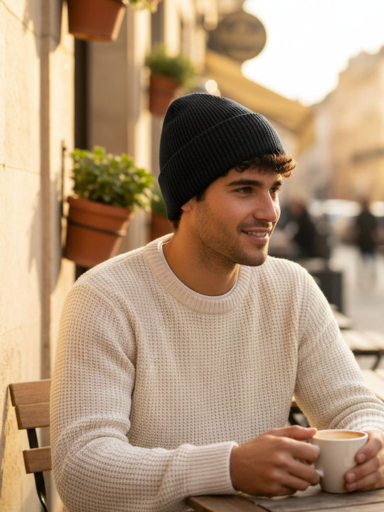 Beanie Unisex Beanie with Rib Knitting in Black Colour