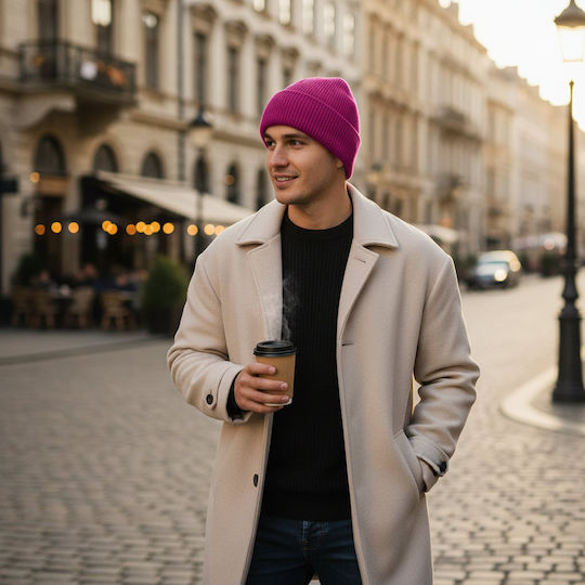Unisex Beanie Mütze mit Rib Strick in Fuchsie Farbe