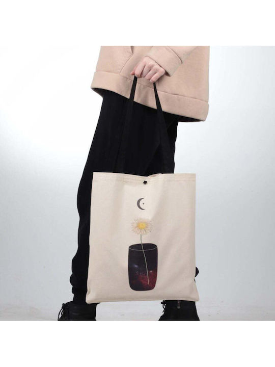 Enpapa Thick Fabric Shopping Bag Clip Closure Galaxy Design Beige 35x40 Cm