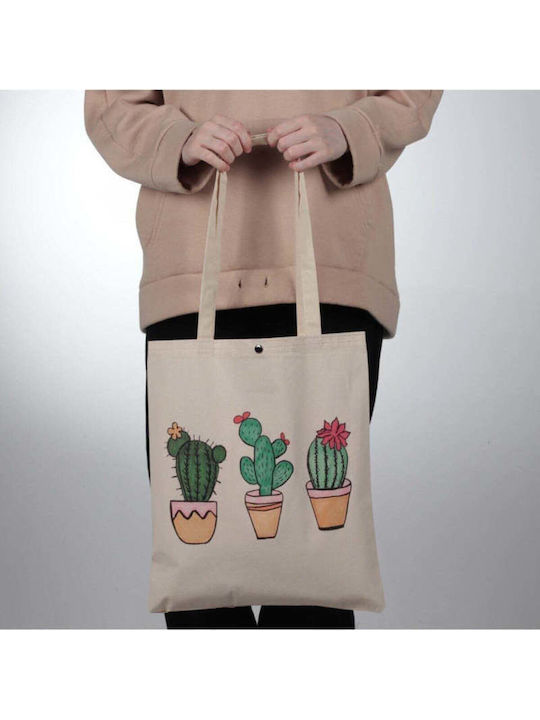 Enpapa Thick Fabric Shopping Bag Clip Closure Cactus Design Beige 35x40 Cm