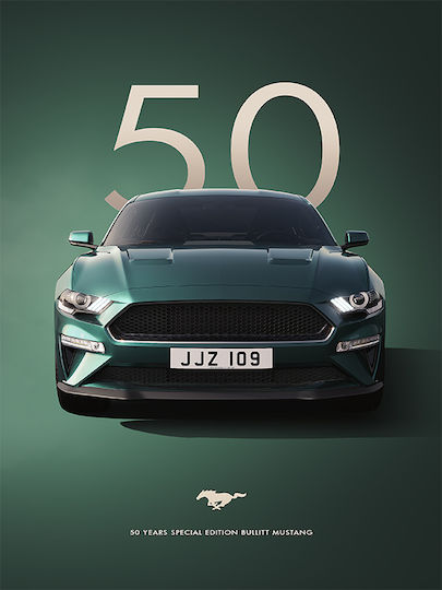 Poster 50 Years Mustang Car Cr001 40cm X 50cm Premium Black Wooden Frame