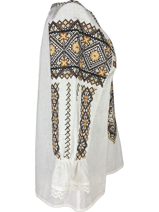 Bluza Damă Bumbac Mânecă Lungă Alb/Portocaliu