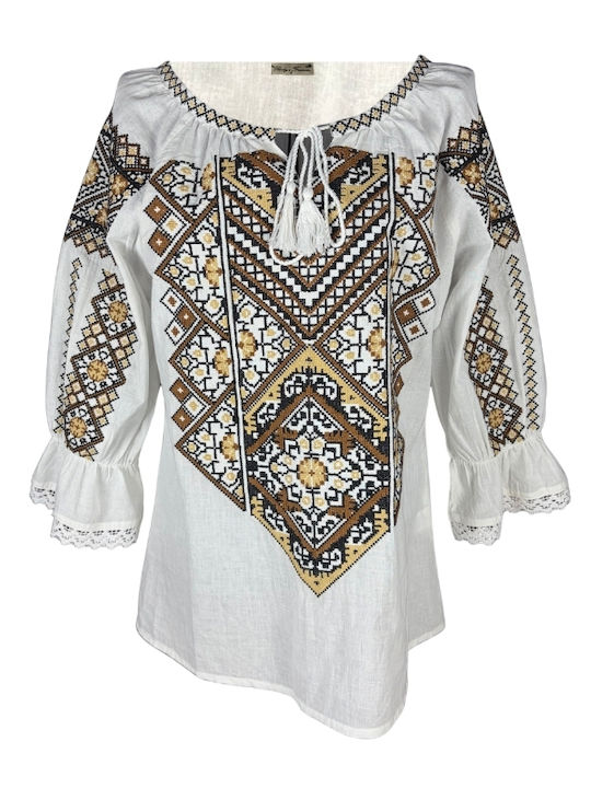 Bluza Damă Bumbac Mânecă Lungă Alb/Portocaliu
