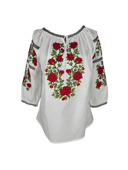 Bluza Damă Bumbac Mânecă Lungă Alb/Portocaliu