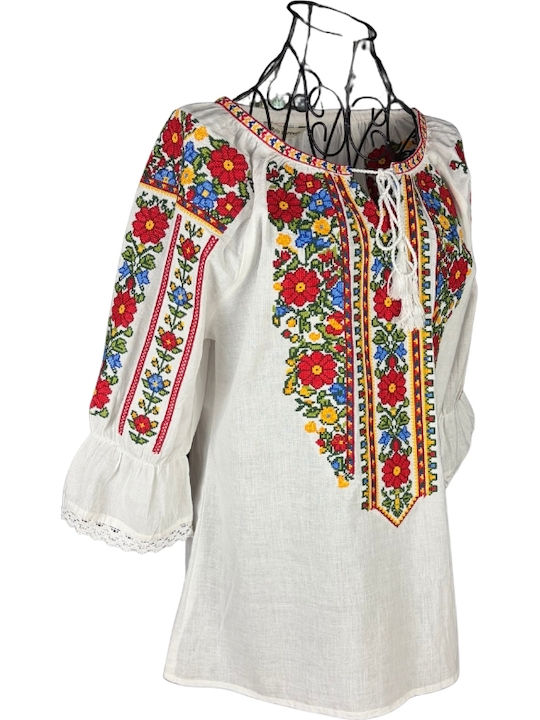 Bluza Damă Bumbac Mânecă Lungă Alb/Portocaliu
