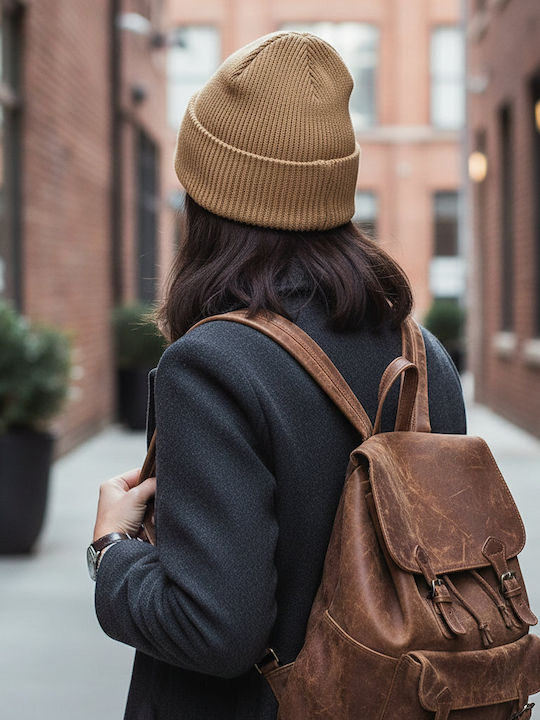 Beanie Unisex Beanie with Rib Knitting in Brown Colour