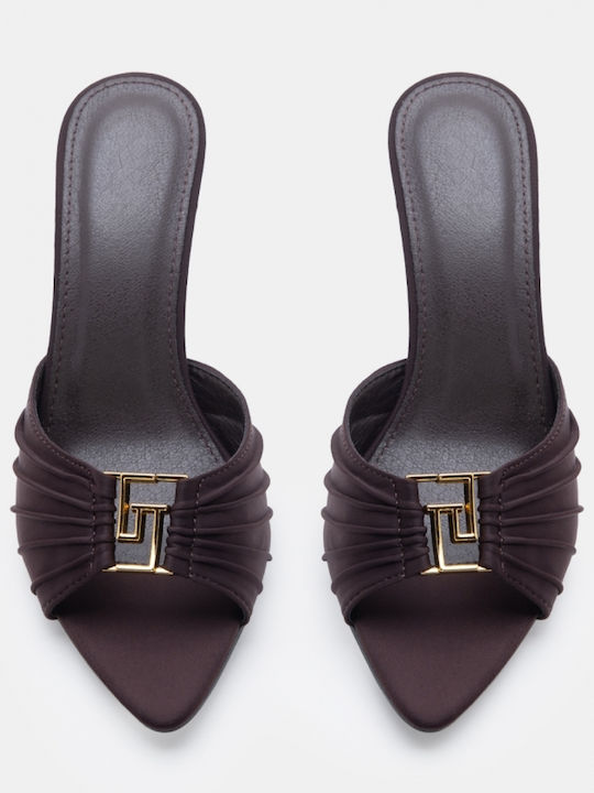 Satin Mules With High Heel In Brown Colour