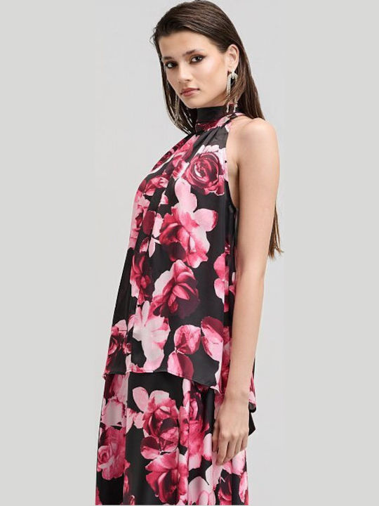Women's Satin Sleeveless Blouse with Neck Tie Floral Fuchsia