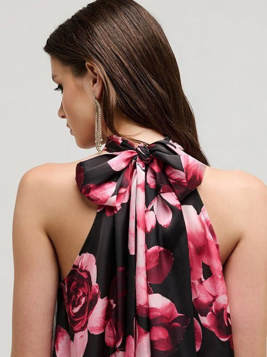 Women's Satin Sleeveless Blouse with Neck Tie Floral Fuchsia