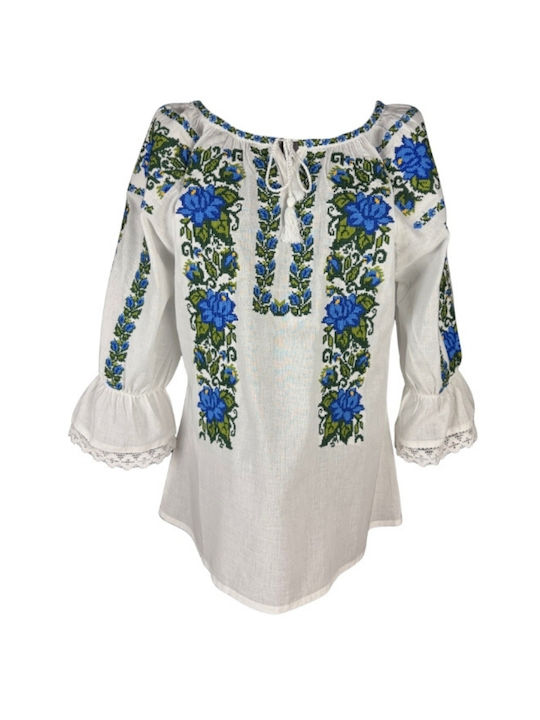 Bluza Damă Bumbac Mânecă Lungă Alb/Portocaliu