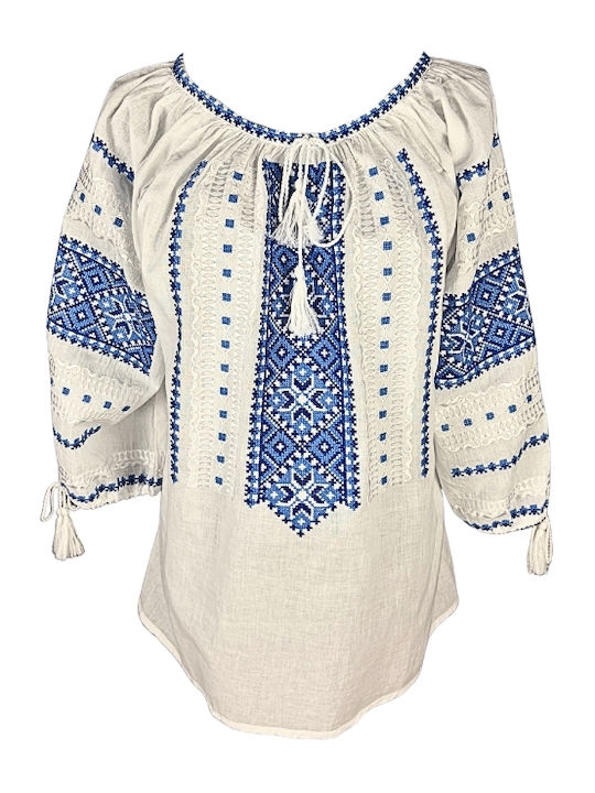 Bluza Damă Bumbac Mânecă Lungă Alb/Portocaliu