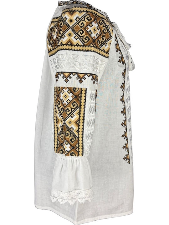 Bluza Damă Bumbac Mânecă Lungă Alb/Portocaliu