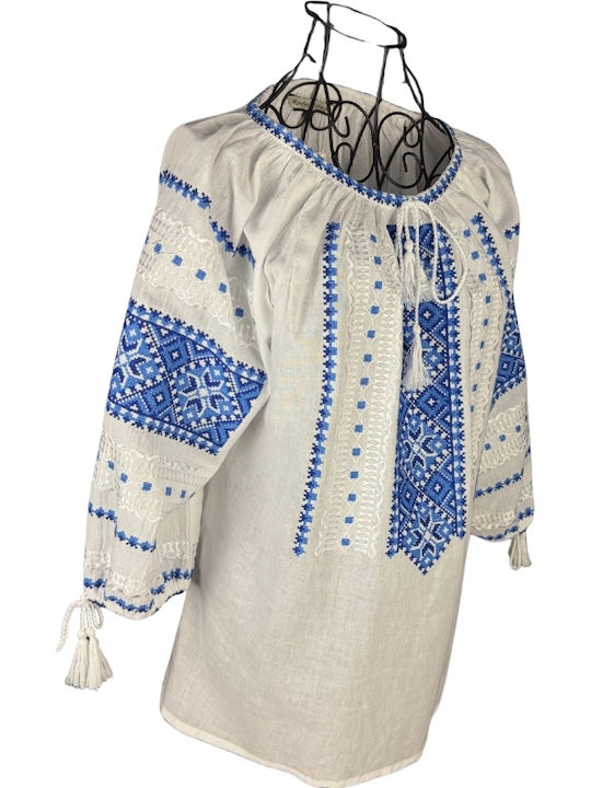 Bluza Damă Bumbac Mânecă Lungă Alb/Portocaliu
