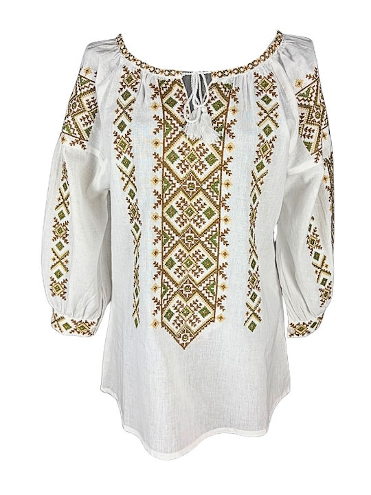 Bluza Damă Bumbac Mânecă Lungă Alb/Portocaliu