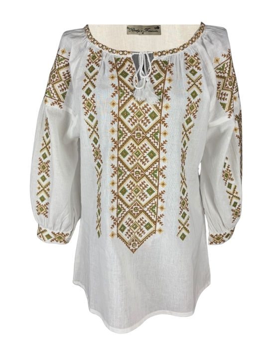 Bluza Damă Bumbac Mânecă Lungă Alb/Portocaliu