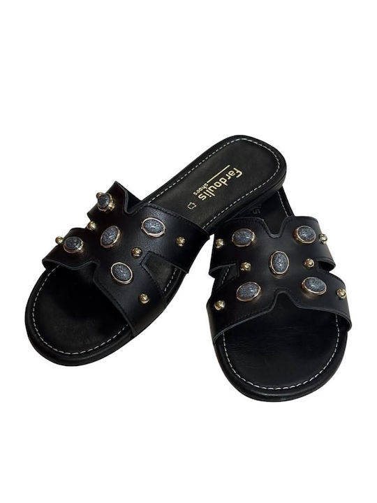 Leder Flache Damen Sandalen Schwarz