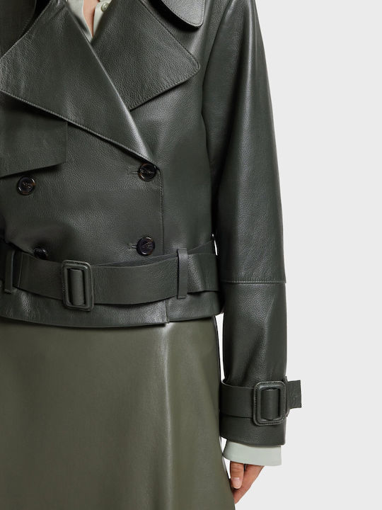 Short Leather Women's Jacket for Winter Olive