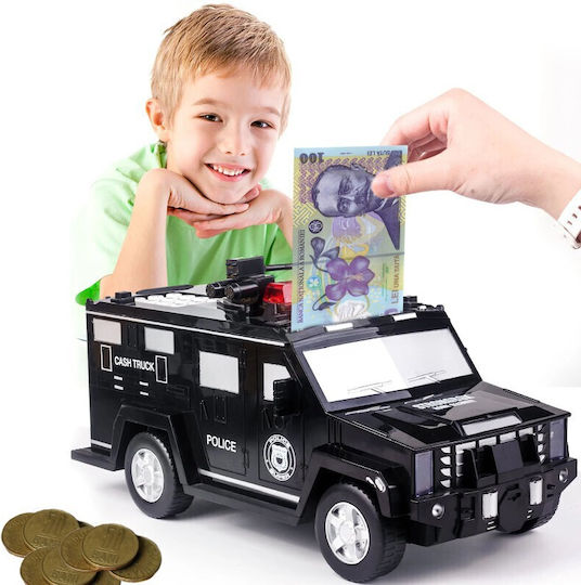 Pușculiță electronică Mașină de Poliție Cod PIN Amprentă Monede Bancnote Neagră