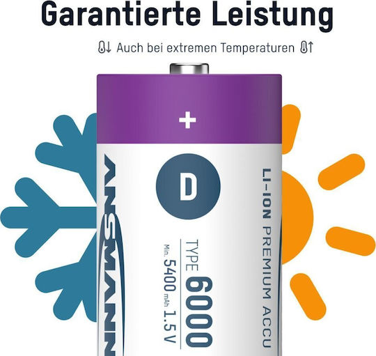 Ansmann Wiederaufladbare Batterien D Li-Ion 5400mAh 1,5V 2 Stück
