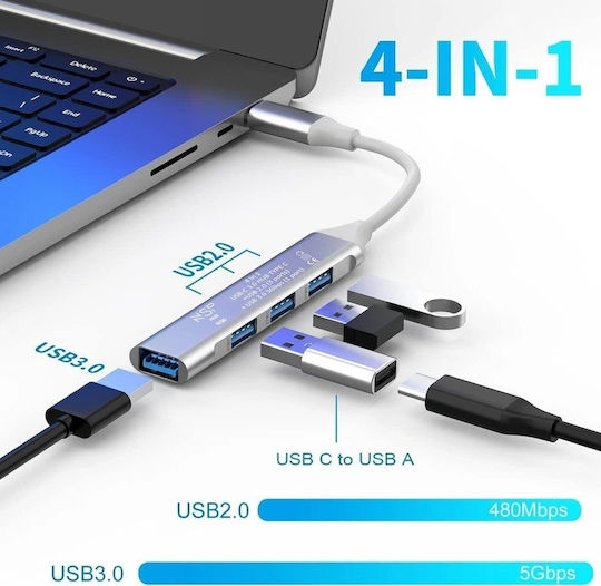 NSP N36 Hub 4 Θυρών USB 3.0 με σύνδεση USB-C Ασημί
