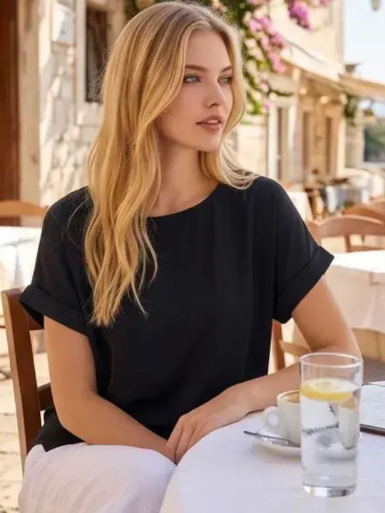 Damen Bluse Baumwolle Kurzärmelig Schwarz