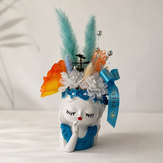 Ceramic Decoration Dreamy Girl Wooden Begonia Textured Flowers Cryogenated Plants Blue 21x6 Cm