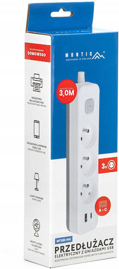 Montis Power Strip 3 Sockets with USB-A and 3m Cable