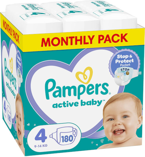 Pampers Πάνες με Αυτοκόλλητο Active Baby Monthly Pack No. 4 για 9-14kg 180τμχ