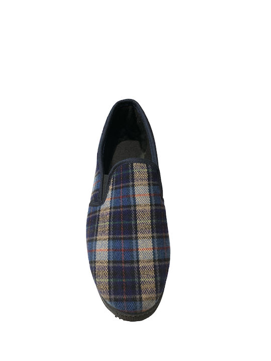 Heel Enclosed Winter Men's Slippers with Blue Designs