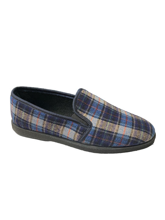 Heel Enclosed Winter Men's Slippers with Blue Designs