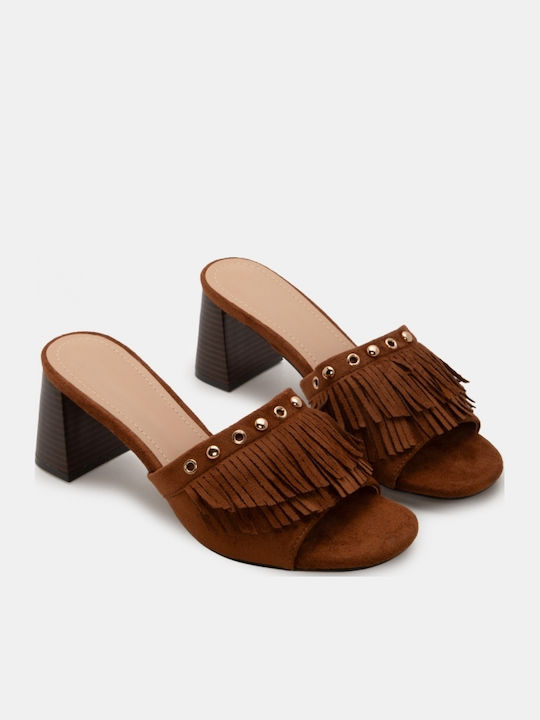 Suede Mules With Low Heel In Brown Colour
