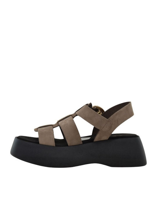 Leather Women's Flat Sandals Beige 1610+Beige Nubuck Leather