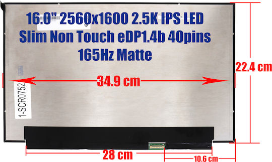 16" LED / Slim / Touch 2560x1600 Matte 40 Pin Laptop Monitor for Dell Alienware M16 R1 1-SCR0752