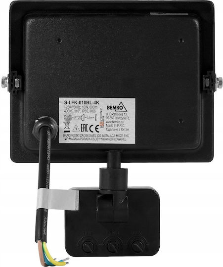 Bemko Waterproof LED Flood Light 10W Natural White 4000K With Motion Sensor IP65