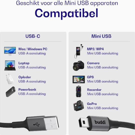 Buddi Cablu USB 2.0 USB-A Mini USB-A Negru 2m