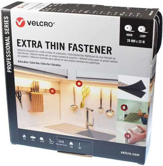 Velcro Extra Thin Fastener Self-Adhesive Hook & Loop Tape Black 20mmx25m 1pcs