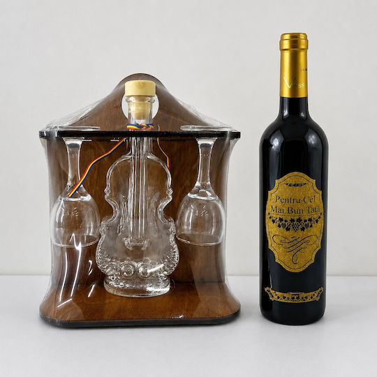 Set Premium Best Dad Minibar Rustic Din Lemn Sticlă În Formă De Vioară Două Pahare Pe Un Suport Vin Roșu Personalizat