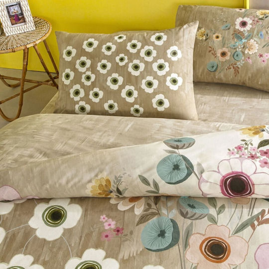 Tac Cotton Duvet Cover Set 200x220cm Double With 2 Pillowcases & 1 Bed Sheet Beige Floral Pattern